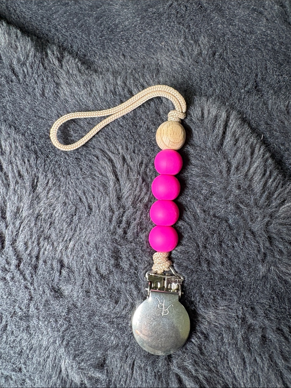 Kids Beaded Pacifier Clip - Hot Pink & Natural Cord